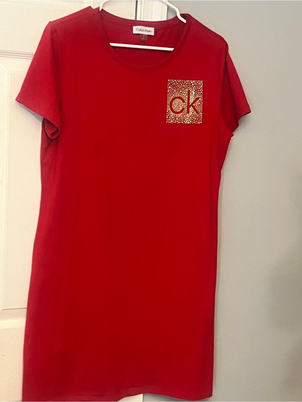 Calvin Klein Red T-Shirt Dress with Gold Sparkle CK Patch